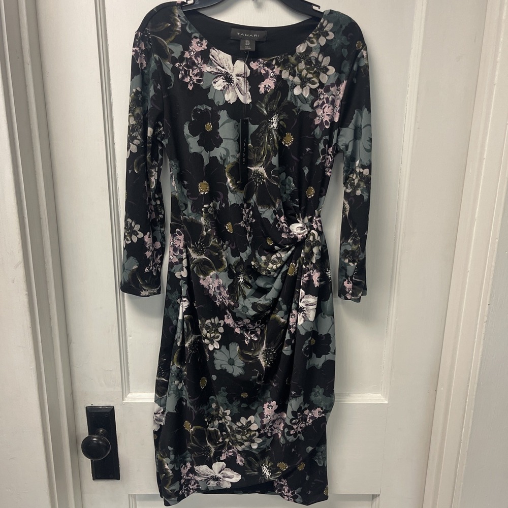 Tahari Dress Womens 4 Black Floral Shift Knit 3/4 Sleeve Twisted Waist Pullover